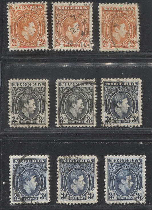 Nigeria SG#52b-53b 2.5d Orange - 3d Black King George VI, 1938-1952 King George VI "Palm Tree" Definitive Issue, a Specialized Group of 9 Different Printings, Mostly VF Used