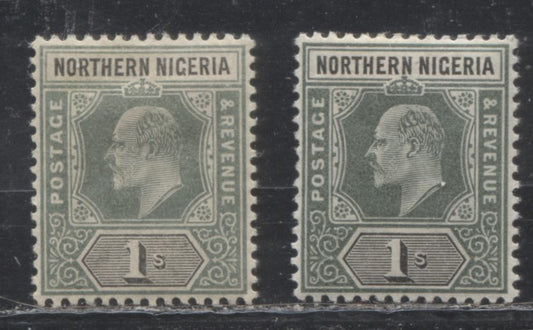Northern Nigeria SG#16 1/- Green And Black King Edward VII Issue 1902-1905 De La Rue Imperium Keyplate Design. Two Very Fine Examples Of Two Different Printings