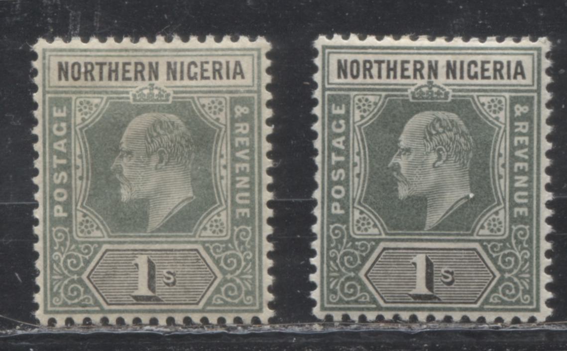 Northern Nigeria SG#16 1/- Green And Black King Edward VII Issue 1902-1905 De La Rue Imperium Keyplate Design. Two Very Fine Examples Of Two Different Printings