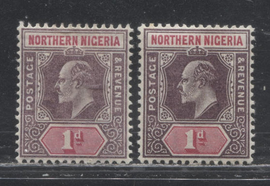 Northern Nigeria SG#21 1d Purple And Carmine King Edward VII Issue 1905-1906 De La Rue Imperium Keyplate Design, Multiple Crown CA Watermark. Two VF Hinged Examples of the February 1905 Printing On Ordinary Paper, Two Different Shades