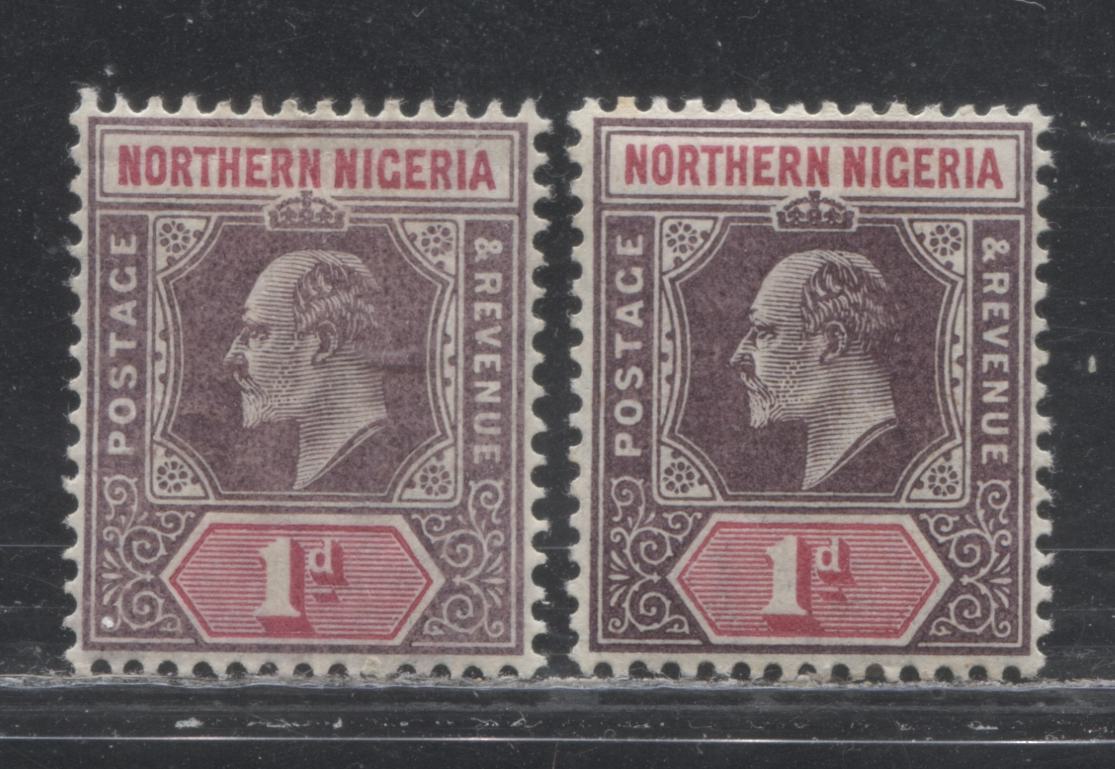 Northern Nigeria SG#21 1d Purple And Carmine King Edward VII Issue 1905-1906 De La Rue Imperium Keyplate Design, Multiple Crown CA Watermark. Two VF Hinged Examples of the February 1905 Printing On Ordinary Paper, Two Different Shades