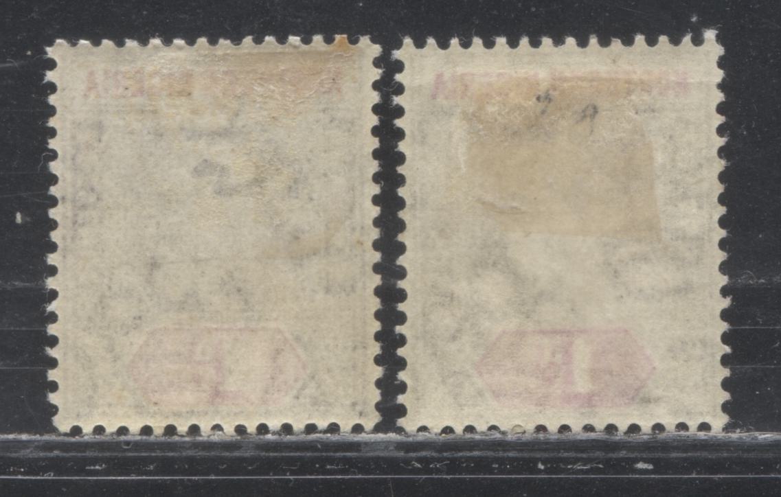 Northern Nigeria SG#21 1d Purple And Carmine King Edward VII Issue 1905-1906 De La Rue Imperium Keyplate Design, Multiple Crown CA Watermark. Two VF Hinged Examples of the February 1905 Printing On Ordinary Paper, Two Different Shades