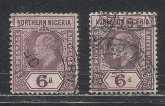 Northern Nigeria SG#35/35a 6d Purple and Violet and Purple and Bright Purple King Edward VII Issue 1909-1912 De La Rue Imperium Keyplate Design Printed In Universal Colors. Two VF Examples Of CDS Cancels Of Different Printings