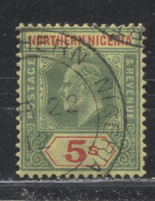 Northern Nigeria SG#38 5/- Yellowish Green And Red on Yellow King Edward VII Issue 1909-1912 De La Rue Imperium Keyplate Design Printed In Universal Colors. A Fine CDS Cancel On Chalky Paper