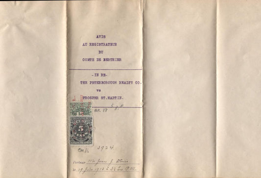 Quebec #QR16, QR18 5c & 15c 1912 Registration on 1913 Lien Notice - VF-81 Brixton Chrome 
