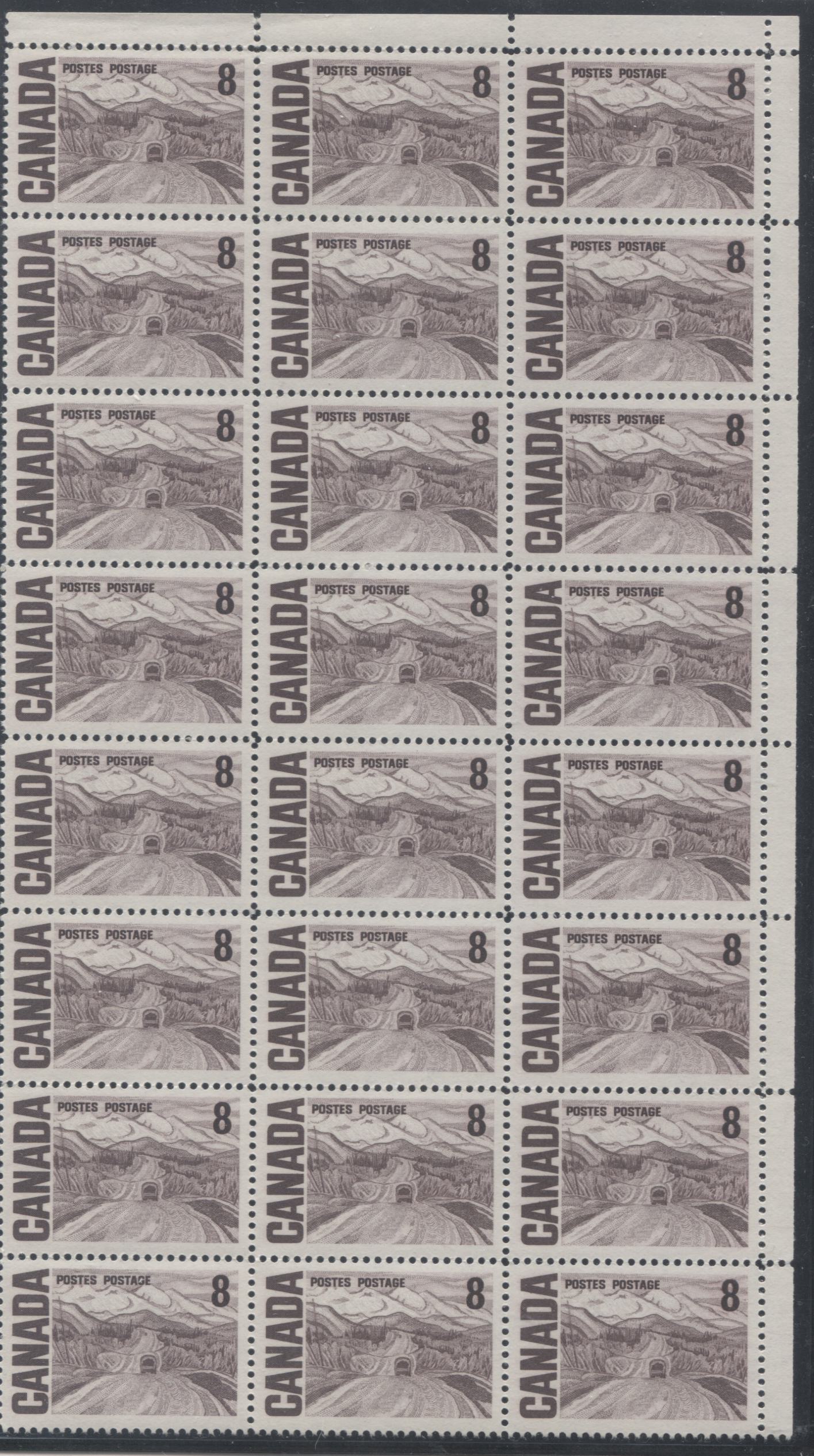Canada #461iii 8c Violet Brown Alaska Highway, 1967-1973 Centennial Definitive Issue, A UR Sheet Margin Block of 24 of the Plastic Flow Variety on DF Paper