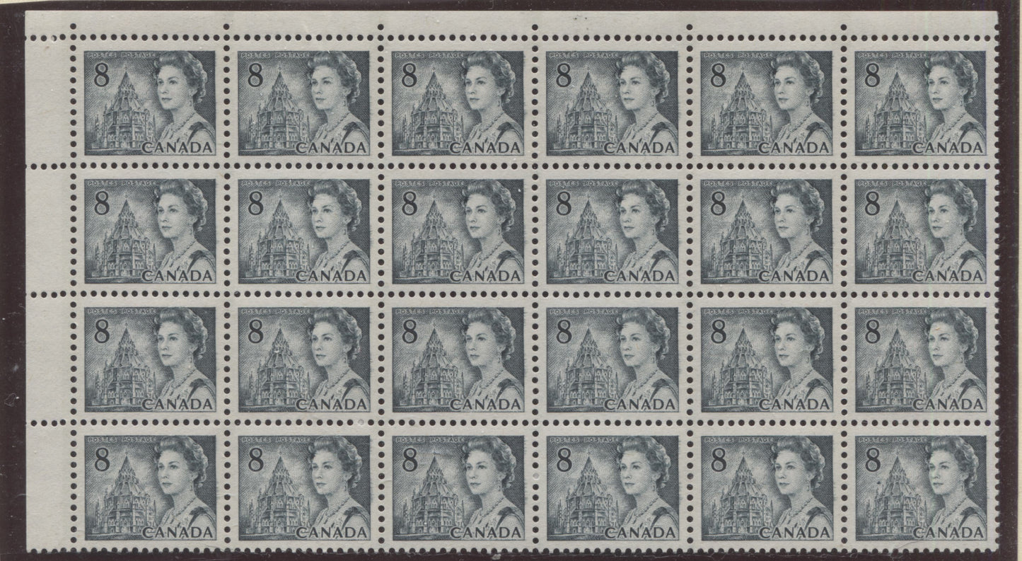 Canada #544pviii 8c Slate Parliamentary Library, 1967-1973 Centennial Definitive Issue, An Upper Left Sheet Margin Block of 24 of the Scratch on Forehead and "Moon Over Library" Varieties, GT-2, PVA, Row of Dots Between Rows 1 and 2
