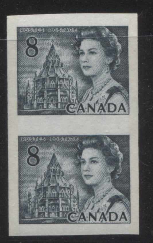 Canada #550q 8c Slate Parliamentary Library, 1967-1973 Centennial Definitive Issue, A VFNH Example of the Rare Imperforate Coil Pair, GT-2 Tagging on Unlisted DF-fl Paper