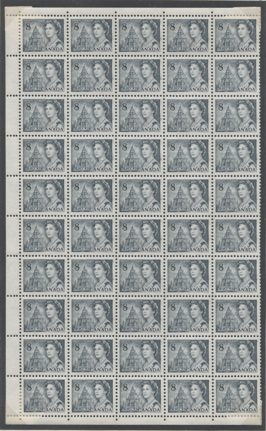Canada #544pviii 8c Slate Parliamentary Library, 1967-1973 Centennial Definitive Issue, A Left Sheet Margin Block of 50 of the Scratch on Forehead Variety, GT-2, PVA and Row of Dots Between Rows 1&2
