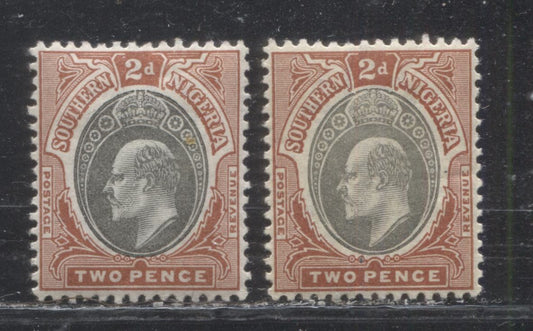 Southern Nigeria SG#12 2d Gray Black And Chestnut King Edward VII Issue 1903-1904 De La Rue Keyplate Design. Two VF Examples In Slightly Different Shades