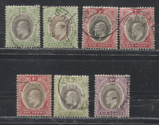 Southern Nigeria SG#21a,22a,26a,27a 1/2d Gray Black And Pale Green, 1d Gray Black And Carmine, 4d Gray Black and Olive-Green, 6d Gray Black And Bright Purple King Edward VII Issue 1904-1909 De La Rue Keyplate Design, Chalky Paper, 7 VF CDS Cancels