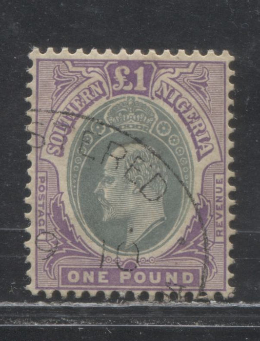 Southern Nigeria SG#32ab £1 Green And Violet King Edward VII Issue 1904-1909 De La Rue Keyplate Design On Chalky Paper, Head B.  A Fine CDS Canceled Example