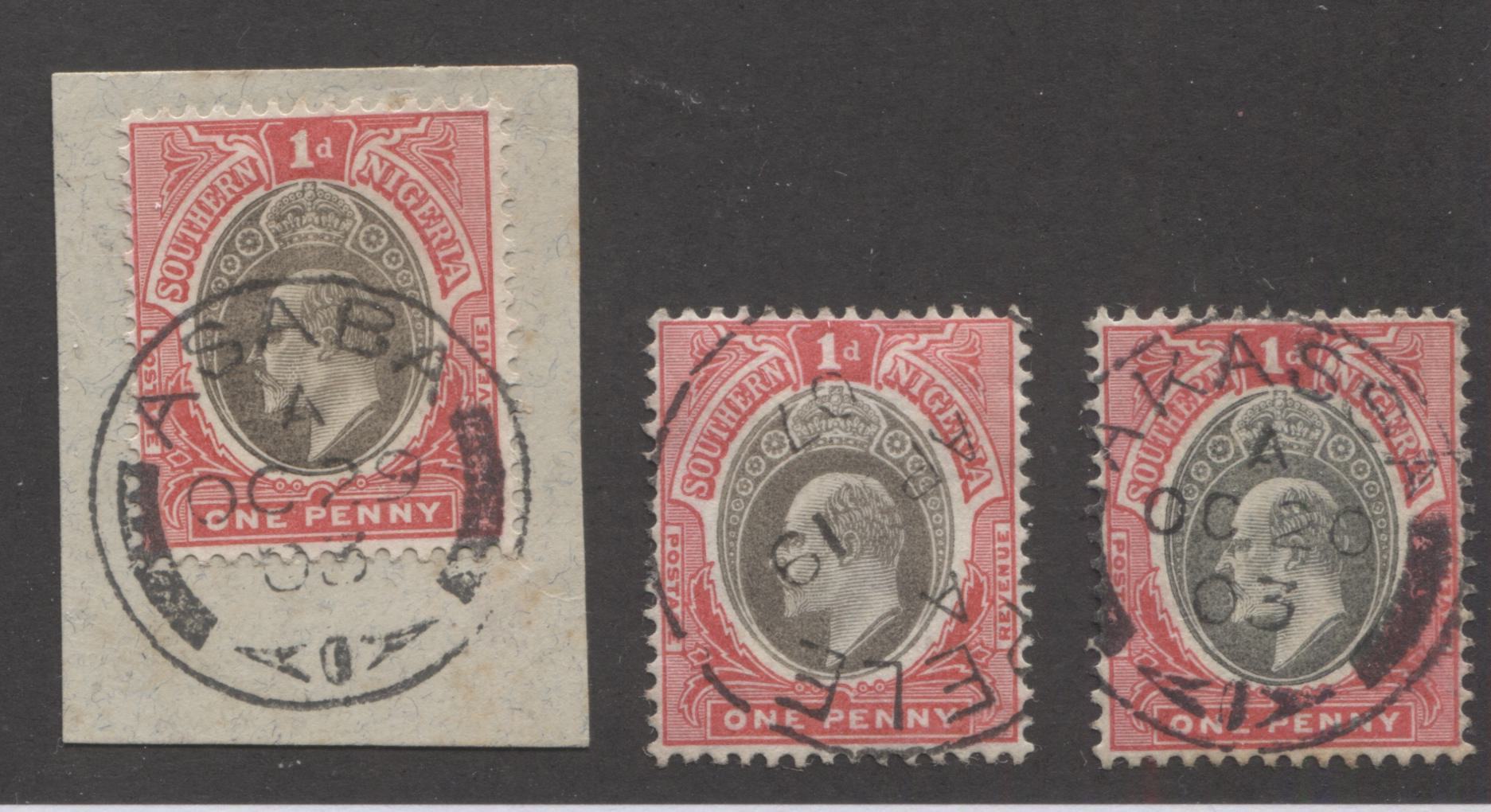 Southern Nigeria SG#11 1d Grey and Aniline Carmine Rose, Three Different Shades, With SON Asaba, Akassa and Sapele CDS Cancels Brixton Chrome 