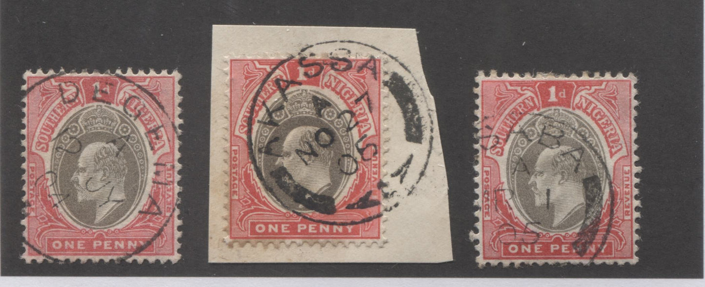 Southern Nigeria SG#22 1d Brownish Grey and Aniline Carmine Rose, 1904-1909 Multiple Crown CA Issue, Three VF Used Examples With SON Akassa, Asaba and Degema CDS Cancels Brixton Chrome 