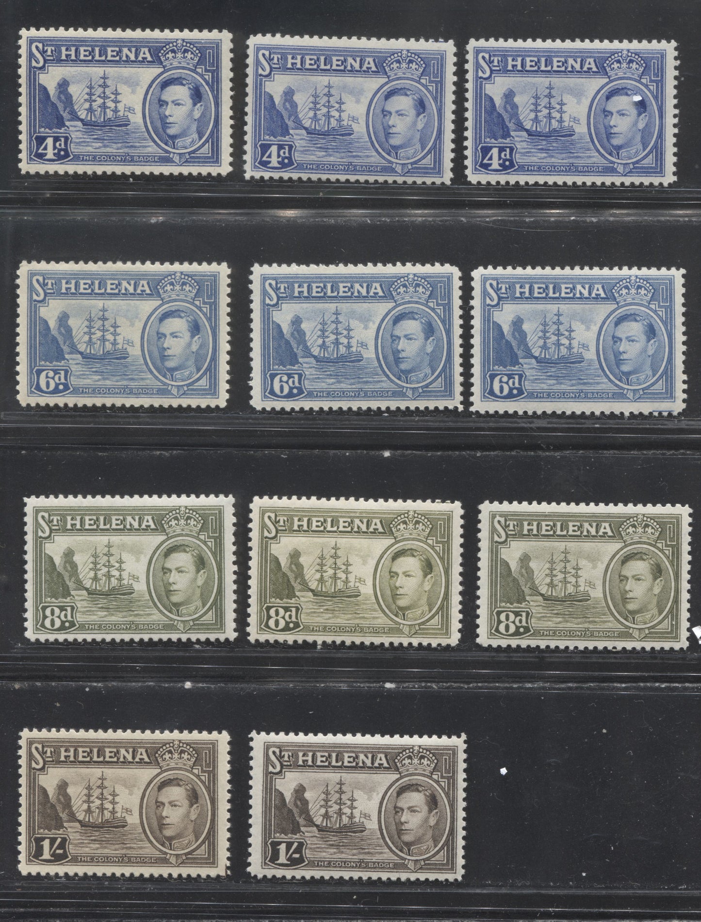 St. Helena SG#135b-137 4d Ultramarine - 1/- Sepia, 1938-1949 Colonial Badge Definitive Issue, A Specialized Group of Mostly VFOG Stamps With Different Printings of Most Values
