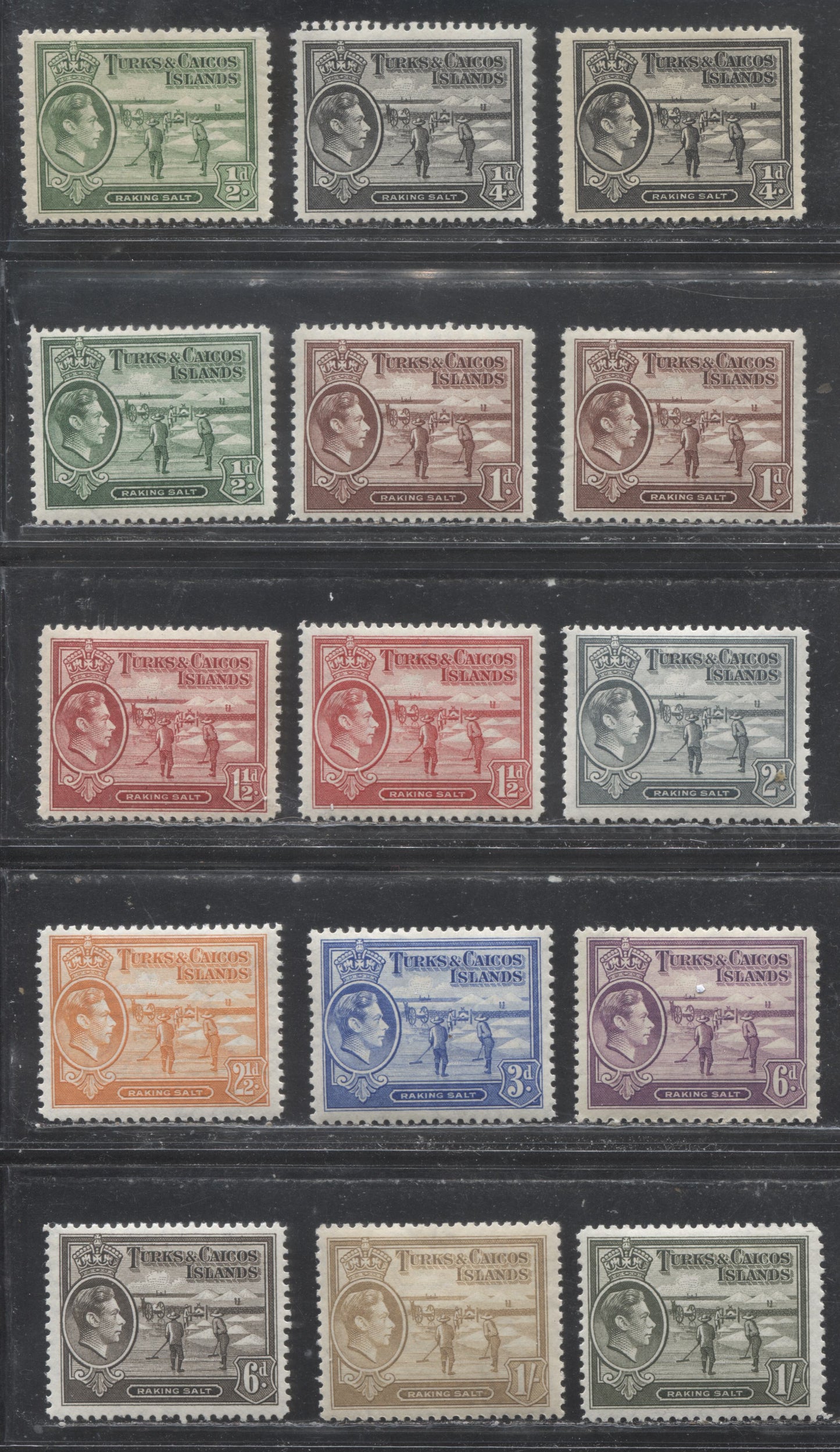 Turks and Caicos Islands SG#194-202a 1/4d Black - 1/- Grey Olive, 1938-1950 Salt Industry Pictorial Definitive Issue, A Complete Mostly VF LH Set of Low Values Including Both Listed Shades of the 1/2d Green and an Extra Shade of the 1d and 1.5d